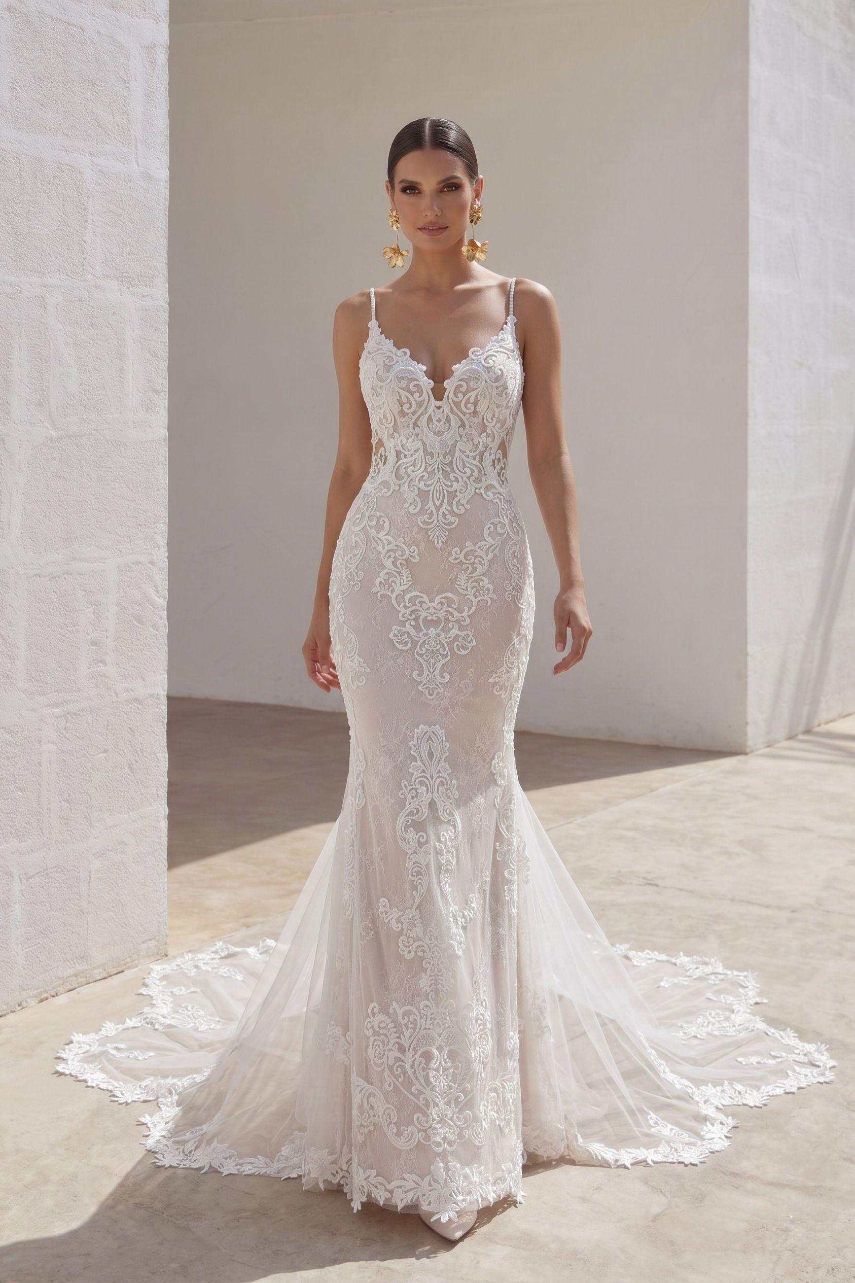 Trumpet-Mermaid Chapel Train Lace Tulle Wedding Dress CW3249 - 45 Days / As Picture:Ivory/Nude / US0-UK2-EUR30 - COCOMELODY